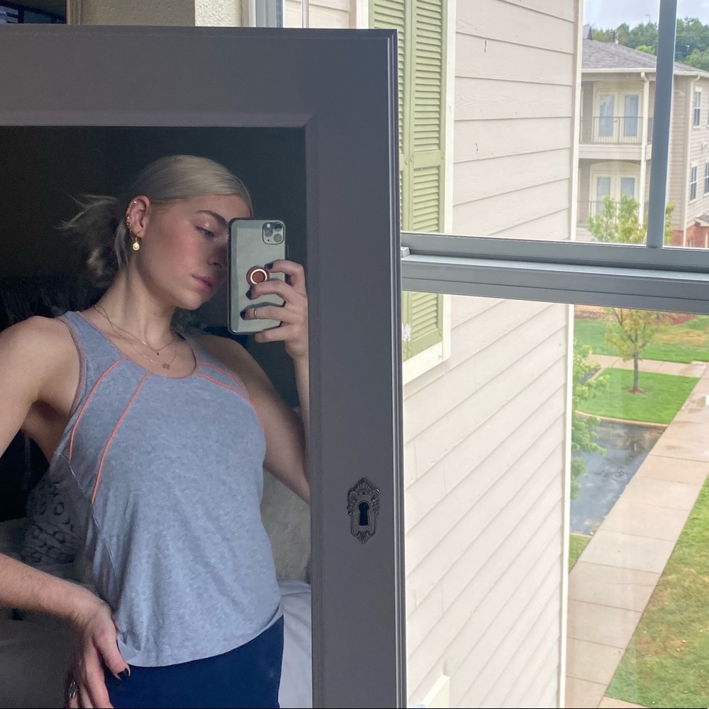 Gray athletic tank, orange stitching size small